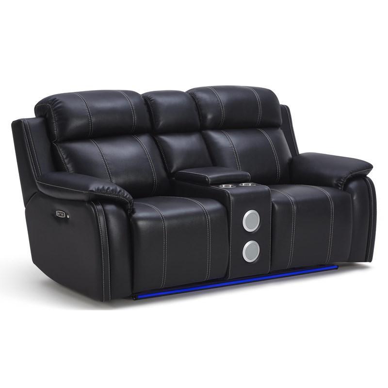 Dual Reclining Black Love Seat with Storage Console, Storage Arms, and Blue Tooth Speakers